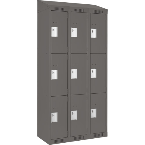 Clean Line Lockers, 3 -tier, Bank of 3, 36" x 18" x 78", Steel, Charcoal, Rivet (Assembled) Action Paper