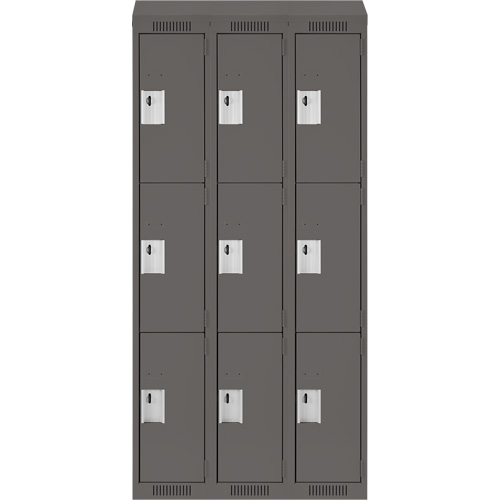 Clean Line Lockers, 3 -tier, Bank of 3, 36" x 18" x 78", Steel, Charcoal, Rivet (Assembled) Action Paper