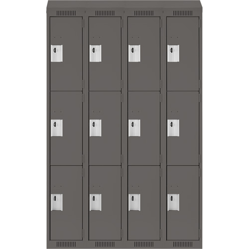 Clean Line Lockers, 3 -tier, Bank of 4, 48" x 18" x 78", Steel, Charcoal, Rivet (Assembled) Action Paper