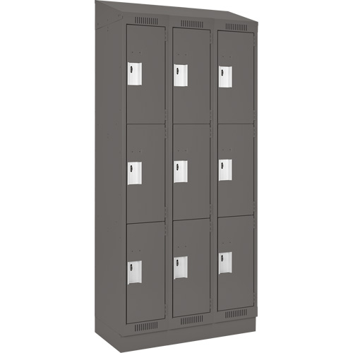 Clean Line Lockers, 3 -tier, Bank of 3, 36" x 18" x 82", Steel, Charcoal, Rivet (Assembled) Action Paper