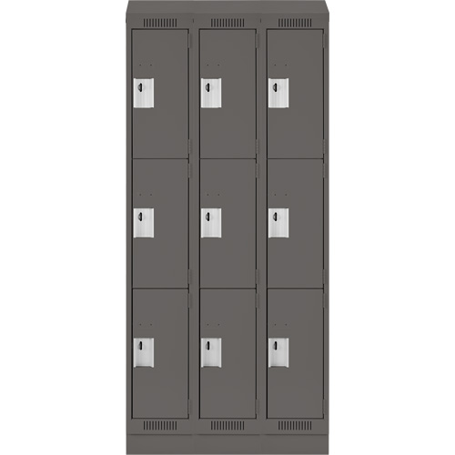 Clean Line Lockers, 3 -tier, Bank of 3, 36" x 18" x 82", Steel, Charcoal, Rivet (Assembled) Action Paper