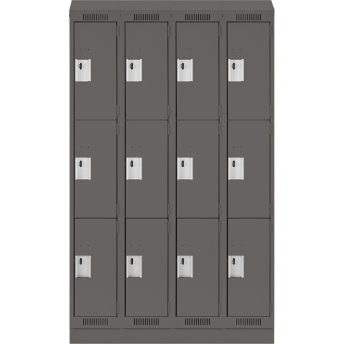 Clean Line Lockers, 3 -tier, Bank of 4, 48" x 18" x 82", Steel, Charcoal, Rivet (Assembled) Action Paper