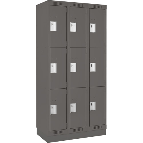 Clean Line Lockers, 3 -tier, Bank of 3, 36" x 18" x 76", Steel, Charcoal, Rivet (Assembled) Action Paper