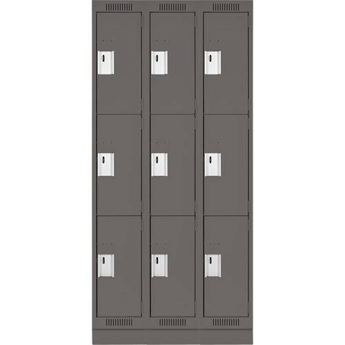 Clean Line Lockers, 3 -tier, Bank of 3, 36" x 18" x 76", Steel, Charcoal, Rivet (Assembled) Action Paper
