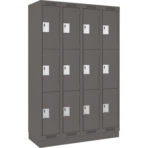 Clean Line Lockers, 3 -tier, Bank of 4, 48" x 18" x 76", Steel, Charcoal, Rivet (Assembled) Action Paper