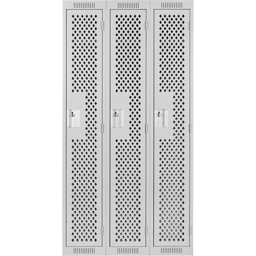 Clean Line Lockers, Bank of 3, 36" x 15" x 72", Steel, Grey, Rivet (Assembled), Perforated Action Paper
