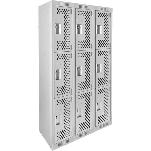 Clean Line Lockers, 3 -tier, Bank of 3, 36" x 12" x 72", Steel, Grey, Rivet (Assembled), Perforated Action Paper