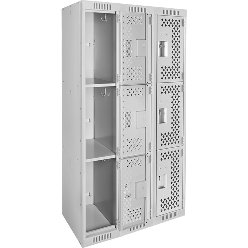 Clean Line Lockers, 3 -tier, Bank of 3, 36" x 12" x 72", Steel, Grey, Rivet (Assembled), Perforated Action Paper