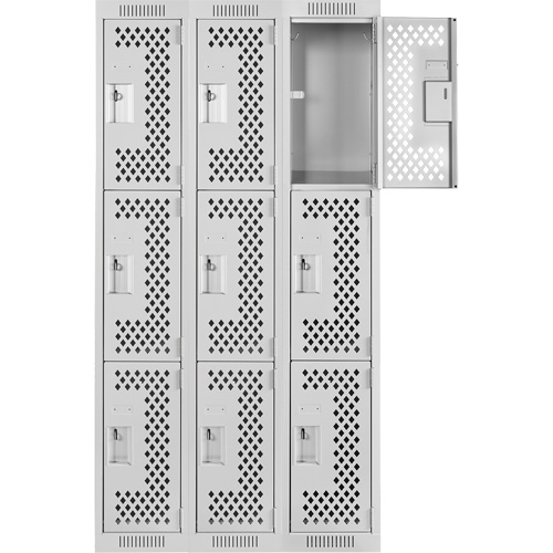 Clean Line Lockers, 3 -tier, Bank of 3, 36" x 12" x 72", Steel, Grey, Rivet (Assembled), Perforated Action Paper