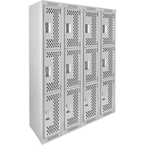 Clean Line Lockers, 3 -tier, Bank of 4, 48" x 12" x 72", Steel, Grey, Rivet (Assembled), Perforated Action Paper