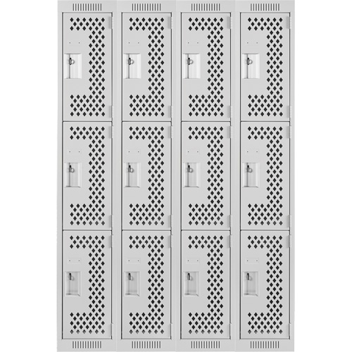 Clean Line Lockers, 3 -tier, Bank of 4, 48" x 12" x 72", Steel, Grey, Rivet (Assembled), Perforated Action Paper