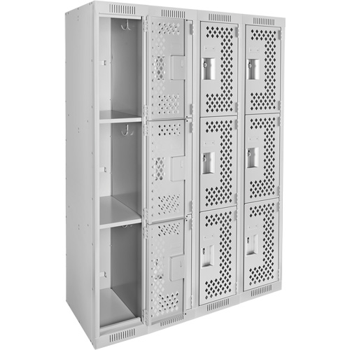 Clean Line Lockers, 3 -tier, Bank of 4, 48" x 12" x 72", Steel, Grey, Rivet (Assembled), Perforated Action Paper