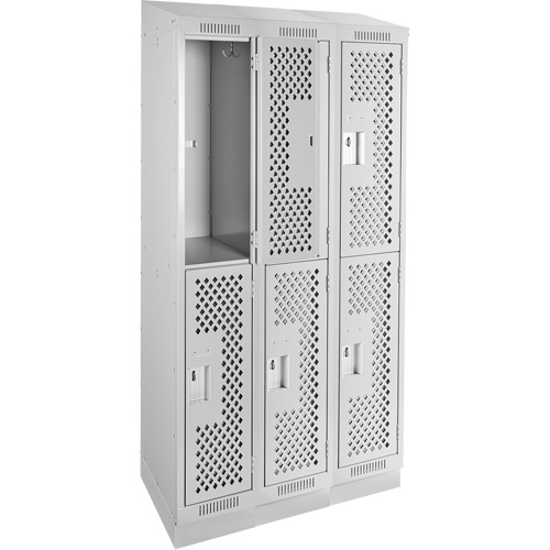 Clean Line Lockers, 2 -tier, Bank of 3, 36" x 15" x 82", Steel, Grey, Rivet (Assembled), Perforated Action Paper
