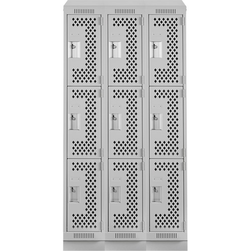 Clean Line Lockers, 3 -tier, Bank of 3, 36" x 18" x 82", Steel, Grey, Rivet (Assembled), Perforated Action Paper