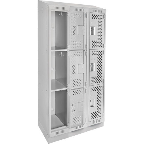Clean Line Lockers, 3 -tier, Bank of 3, 36" x 18" x 82", Steel, Grey, Rivet (Assembled), Perforated Action Paper