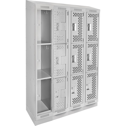 Clean Line Lockers, 3 -tier, Bank of 4, 48" x 18" x 82", Steel, Grey, Rivet (Assembled), Perforated Action Paper
