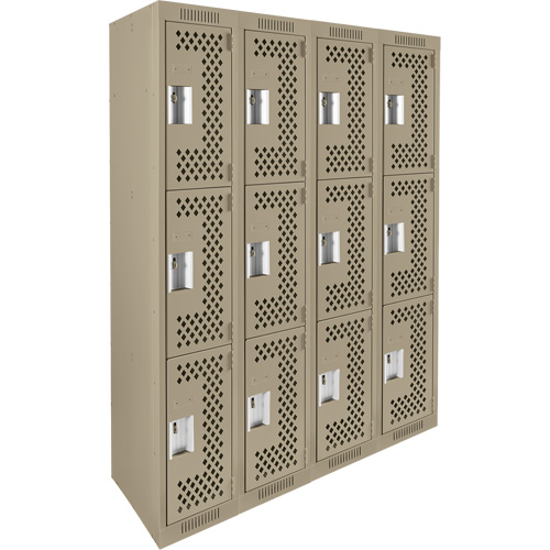 Clean Line Lockers, 3 -tier, Bank of 4, 48" x 12" x 72", Steel, Beige, Rivet (Assembled), Perforated Action Paper