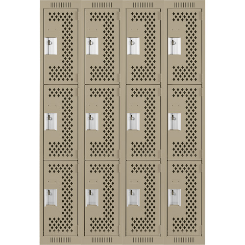 Clean Line Lockers, 3 -tier, Bank of 4, 48" x 12" x 72", Steel, Beige, Rivet (Assembled), Perforated Action Paper