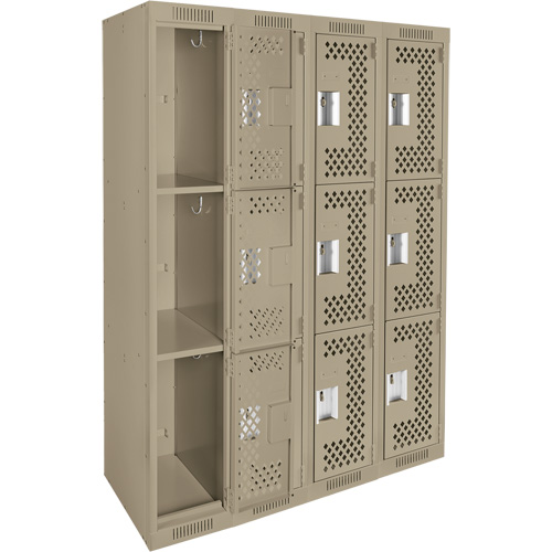 Clean Line Lockers, 3 -tier, Bank of 4, 48" x 12" x 72", Steel, Beige, Rivet (Assembled), Perforated Action Paper