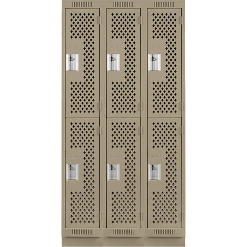 Clean Line Lockers, 2 -tier, Bank of 3, 36" x 15" x 76", Steel, Beige, Rivet (Assembled), Perforated Action Paper