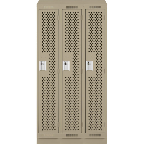 Clean Line Lockers, Bank of 3, 36" x 18" x 82", Steel, Beige, Rivet (Assembled), Perforated Action Paper