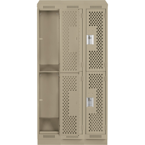 Clean Line Lockers, 2 -tier, Bank of 3, 36" x 15" x 82", Steel, Beige, Rivet (Assembled), Perforated Action Paper