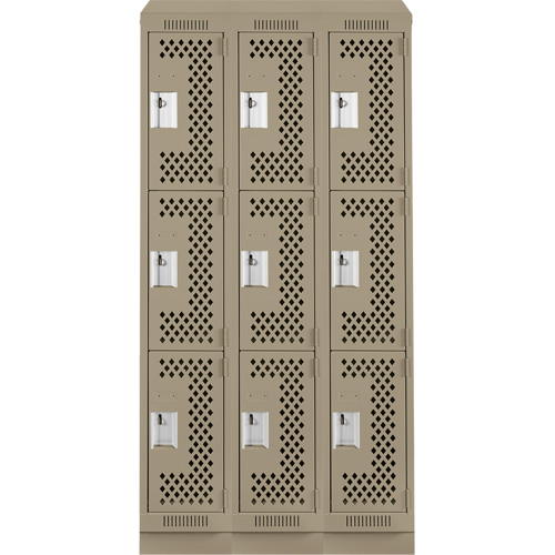 Clean Line Lockers, 3 -tier, Bank of 3, 36" x 18" x 82", Steel, Beige, Rivet (Assembled), Perforated Action Paper