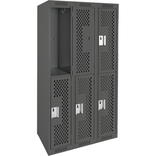 Clean Line Lockers, 2 -tier, Bank of 3, 36" x 12" x 72", Steel, Charcoal, Rivet (Assembled), Perforated Action Paper