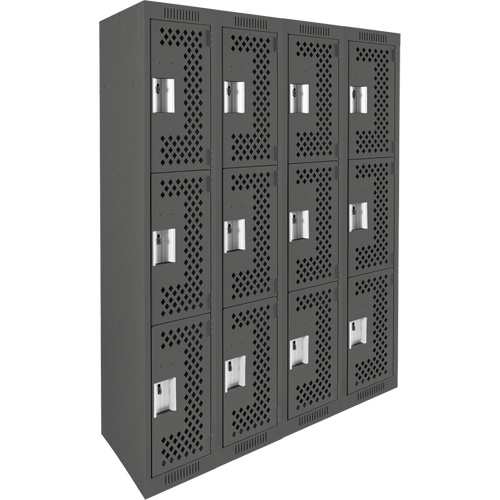 Clean Line Lockers, 3 -tier, Bank of 4, 48" x 12" x 72", Steel, Charcoal, Rivet (Assembled), Perforated Action Paper