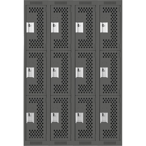 Clean Line Lockers, 3 -tier, Bank of 4, 48" x 12" x 72", Steel, Charcoal, Rivet (Assembled), Perforated Action Paper