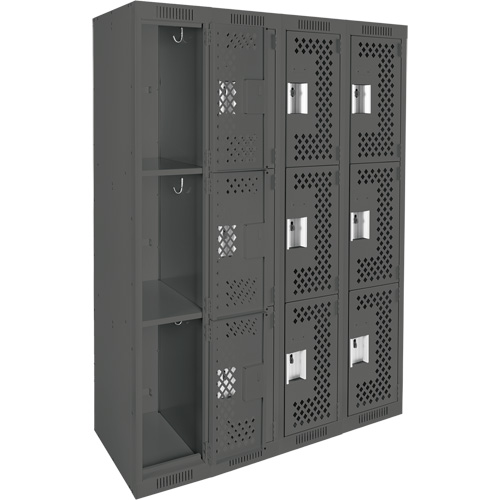 Clean Line Lockers, 3 -tier, Bank of 4, 48" x 12" x 72", Steel, Charcoal, Rivet (Assembled), Perforated Action Paper
