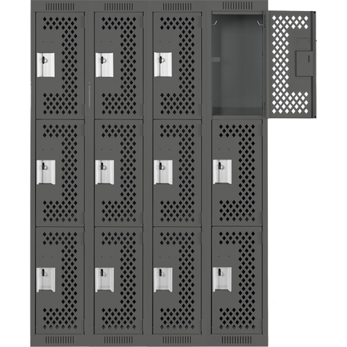 Clean Line Lockers, 3 -tier, Bank of 4, 48" x 12" x 72", Steel, Charcoal, Rivet (Assembled), Perforated Action Paper