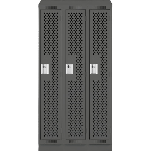 Clean Line Lockers, Bank of 3, 36" x 18" x 82", Steel, Charcoal, Rivet (Assembled), Perforated Action Paper