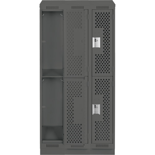 Clean Line Lockers, 2 -tier, Bank of 3, 36" x 15" x 82", Steel, Charcoal, Rivet (Assembled), Perforated Action Paper