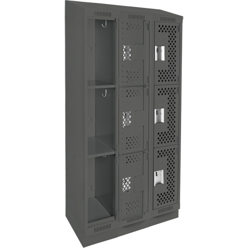 Clean Line Lockers, 3 -tier, Bank of 3, 36" x 18" x 82", Steel, Charcoal, Rivet (Assembled), Perforated Action Paper