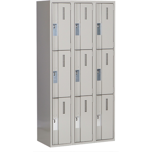 Concorde Heavy-Duty Lockers, 3 -tier, Bank of 3, 36" x 18" x 72", Steel, Grey, Welded (Assembled) Action Paper