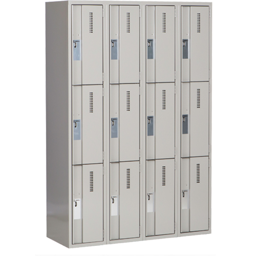 Concorde Heavy-Duty Lockers, 3 -tier, Bank of 4, 48" x 18" x 72", Steel, Grey, Welded (Assembled) Action Paper