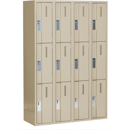 Concorde Heavy-Duty Lockers, 3 -tier, Bank of 4, 48" x 18" x 72", Steel, Beige, Welded (Assembled) Action Paper