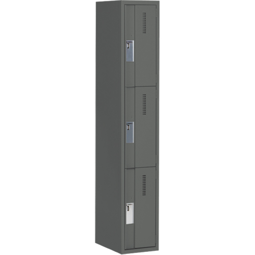 Concorde Heavy-Duty Lockers, 3 -tier, 12" x 18" x 72", Steel, Charcoal, Welded (Assembled) Action Paper