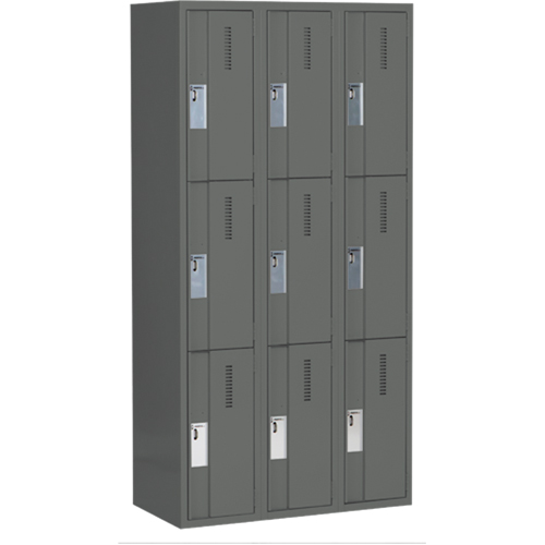 Concorde Heavy-Duty Lockers, 3 -tier, Bank of 3, 36" x 18" x 72", Steel, Charcoal, Welded (Assembled) Action Paper