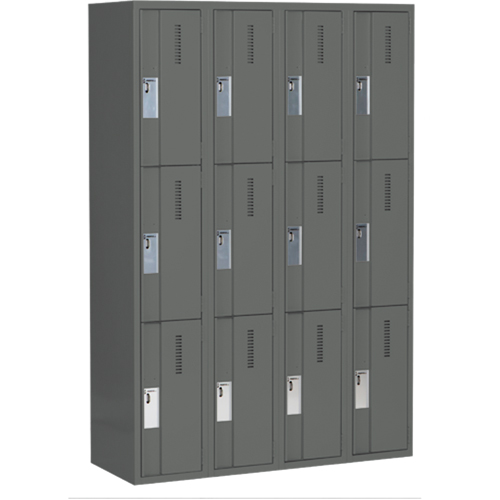 Concorde Heavy-Duty Lockers, 3 -tier, Bank of 4, 48" x 18" x 72", Steel, Charcoal, Welded (Assembled) Action Paper