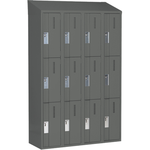 Concorde Heavy-Duty Lockers, 3 -tier, Bank of 4, 48" x 18" x 78", Steel, Charcoal, Welded (Assembled) Action Paper