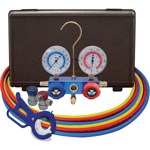 Dual Manifold Gauge Set with Manual Couplers & 3-in-1 Side Mount Can Tap Valve Action Paper