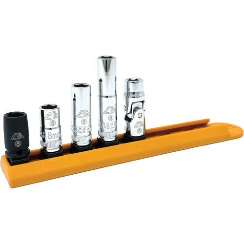 Chrome Finish Socket Set with Rail, 5 Pieces, 1/4" Drive Size Action Paper