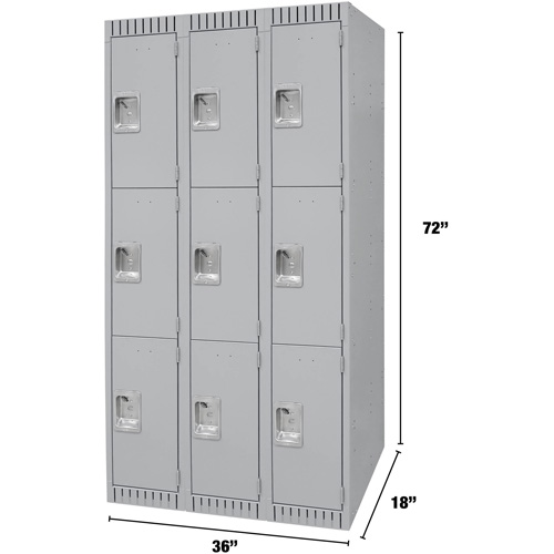 Lockers, 3 -tier, Bank of 3, 36" x 18" x 72", Steel, Grey, Knocked Down Action Paper