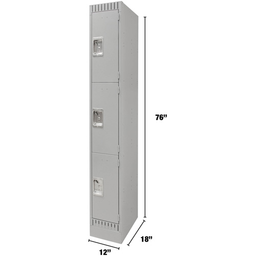 Lockers, 3 -tier, 12" x 18" x 76", Steel, Grey, Knocked Down Action Paper