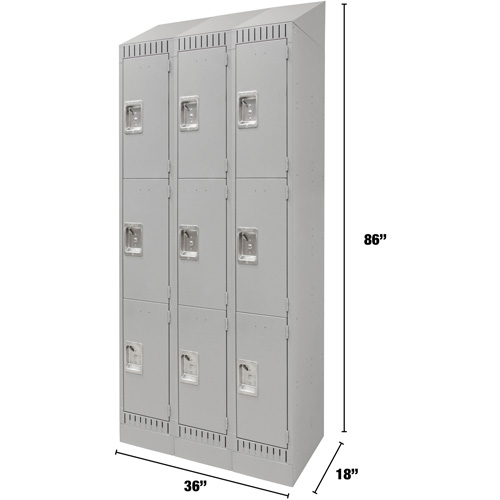 Lockers, 3 -tier, Bank of 3, 36" x 18" x 86", Steel, Grey, Knocked Down Action Paper