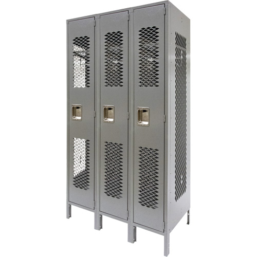 Vented Lockers, Bank of 3, 36" x 18" x 78", Steel, Grey, Knocked Down, Perforated Action Paper