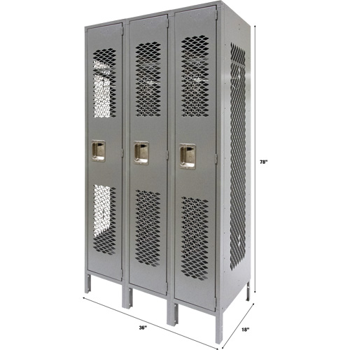 Vented Lockers, Bank of 3, 36" x 18" x 78", Steel, Grey, Knocked Down, Perforated Action Paper