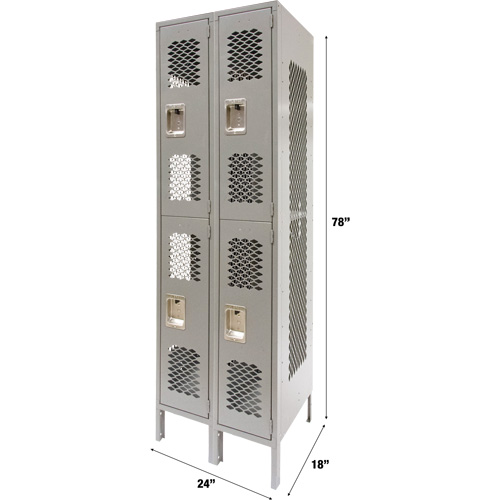 Vented Lockers, 2 -tier, Bank of 2, 24" x 18" x 78", Steel, Grey, Knocked Down, Perforated Action Paper